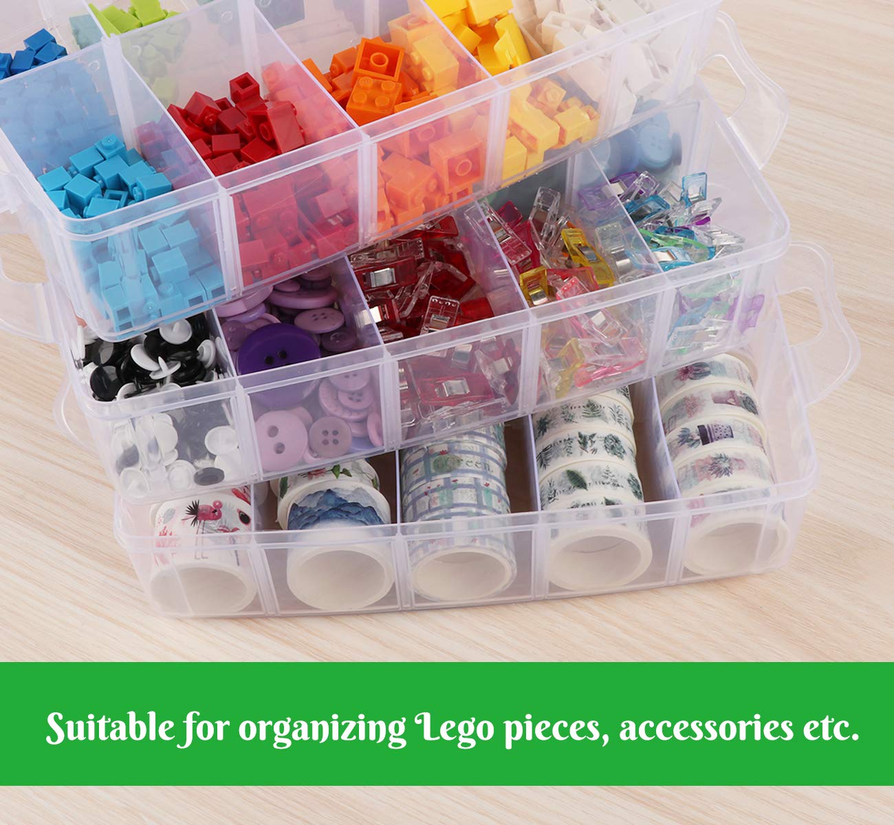 Anstore Craft Storage Box with Removable Compartments, 3-Tier 30 Sections Transparent Stackable Box Organiser with Lid