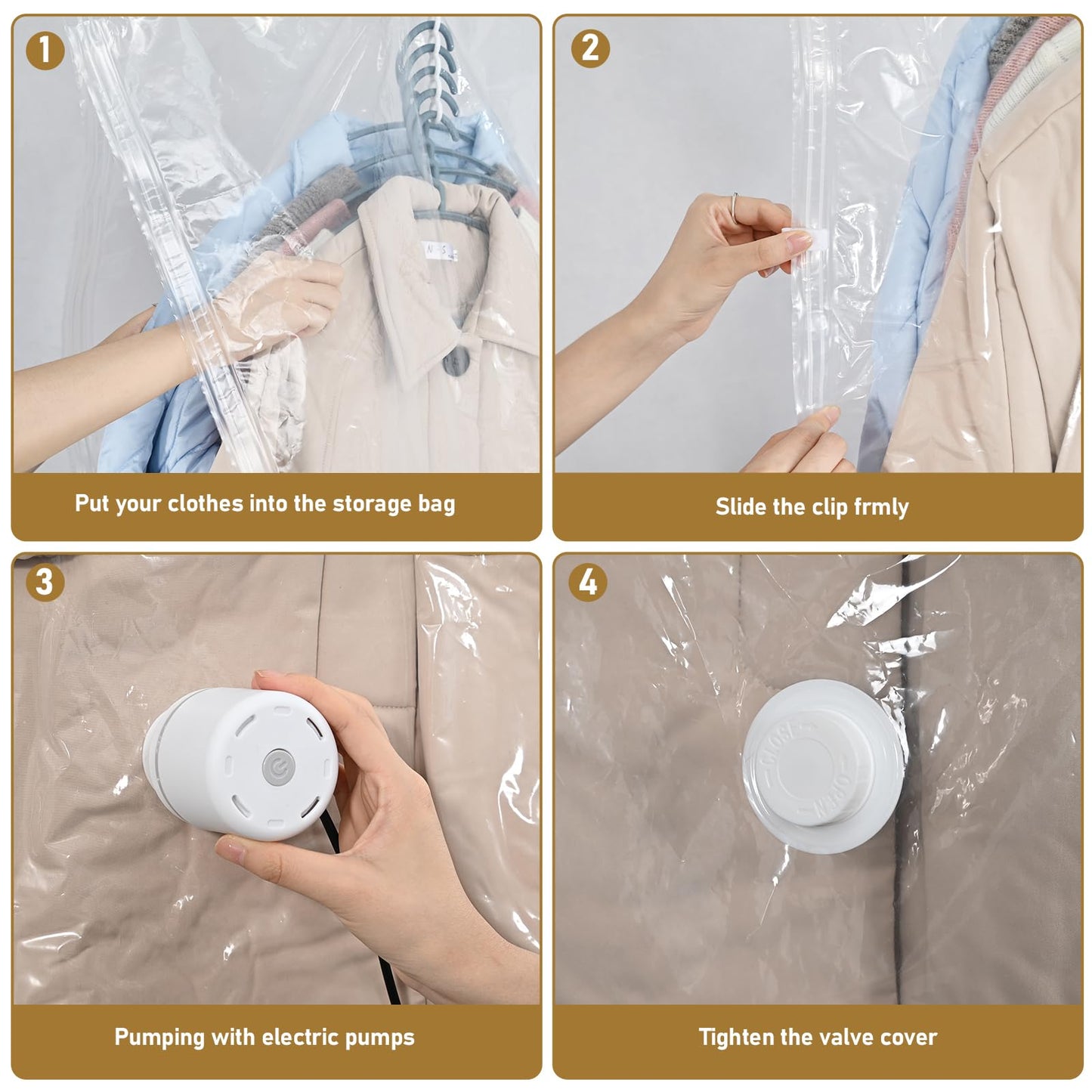 Hanging Vacuum Storage Bags, ZWMYF 4 PCS Space-saving Vacuum Bag for Clothes, Suits, Dresses, Coats or Jackets