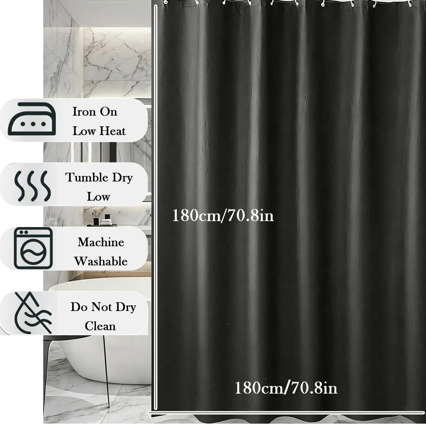 AmzDaKai Shower Curtain PEVA, Waterproof Anti-Mould Bath Curtain with Weight Tape & 12 Hooks, 180x180 cm (71x71 Inch) for Bathroom (Black)