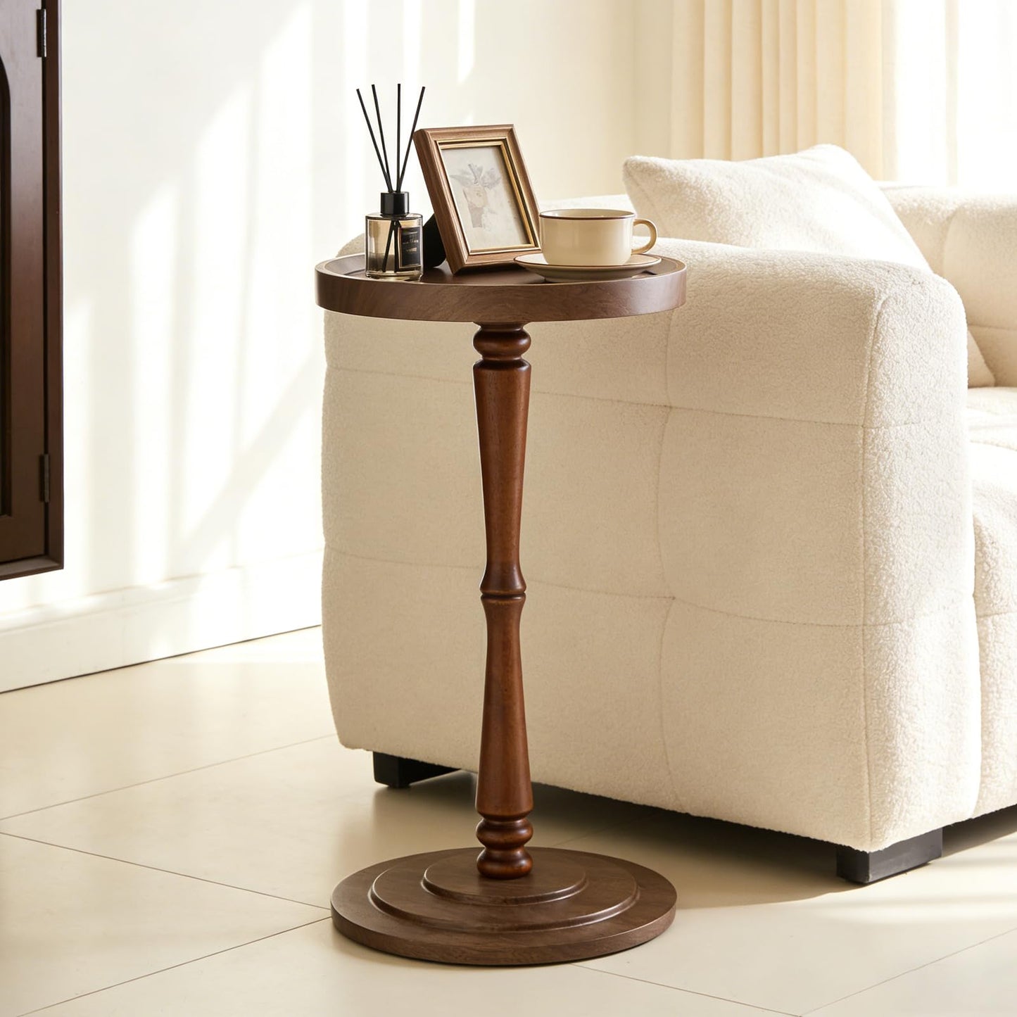 Simcat Round Side Table Bamboo Joint Design, Small Round Coffee Table for Small Spaces with Solid Wood Leg for Living Room, Bedroom, Corners