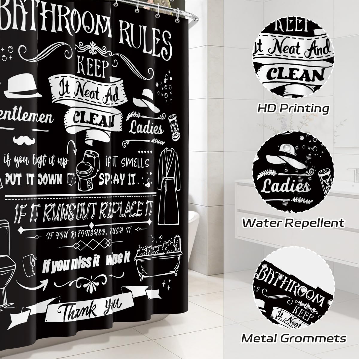 Dazzlewall Black Shower Curtain for Bathroom Mould & Mildew Resistant