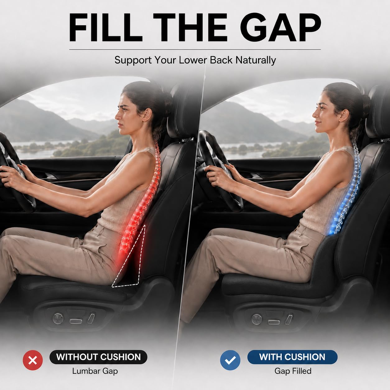 LALOSHI Car Seat Cushion with Lumbar Support, Memory Foam Ergonomic Comfort