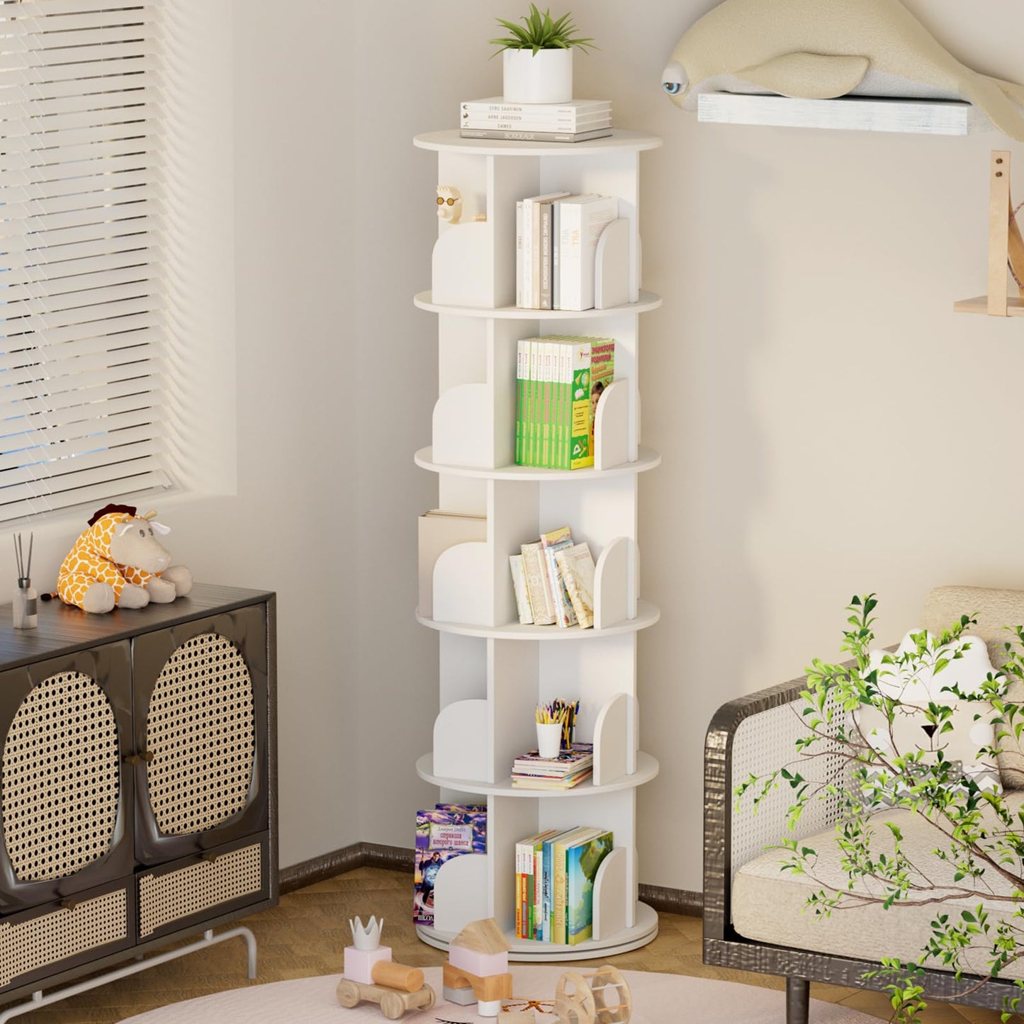 ybaymy Rotating Bookcase, 5 Levels, Standing Shelf, Office Shelf, Decorative Shelf, 360° Freely Rotatable Bookcase