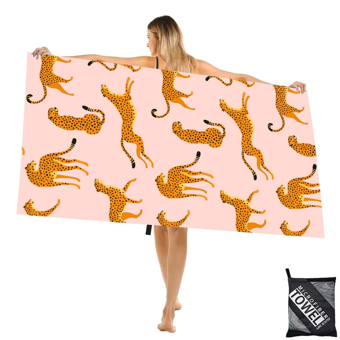 Large Microfibre Leopard Printed Beach Towel for Adult,160x90cm Pink Personalized Leopard Sand Free Beach Towel,Lightweight Quick Dry Travel Swim