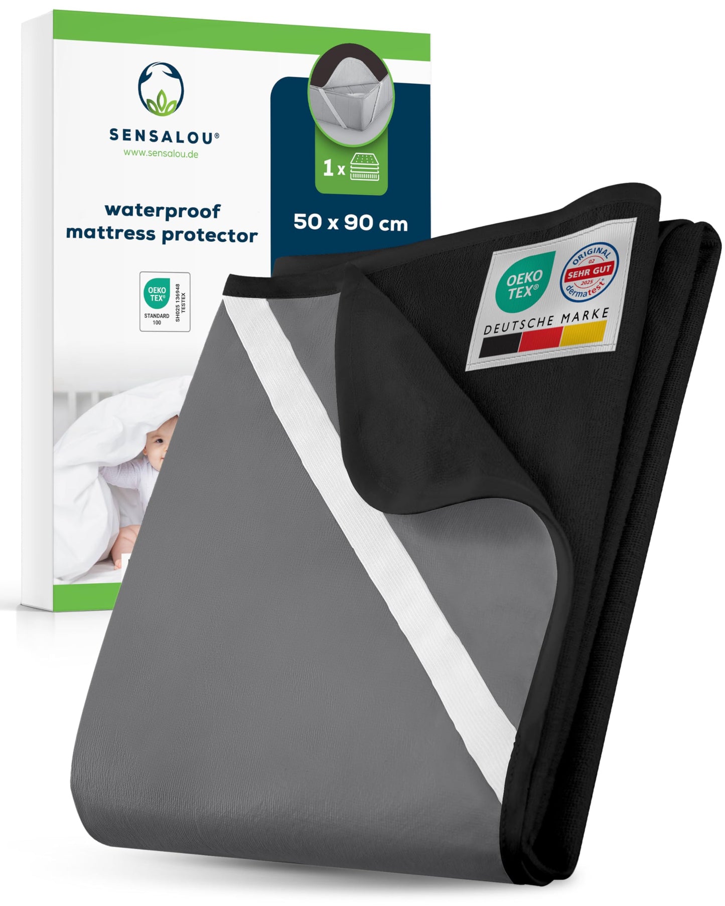 Sensalou Waterproof Mattress Protector 50 x 90 cm Black – Mattress Cover for Bed and Baby Cot