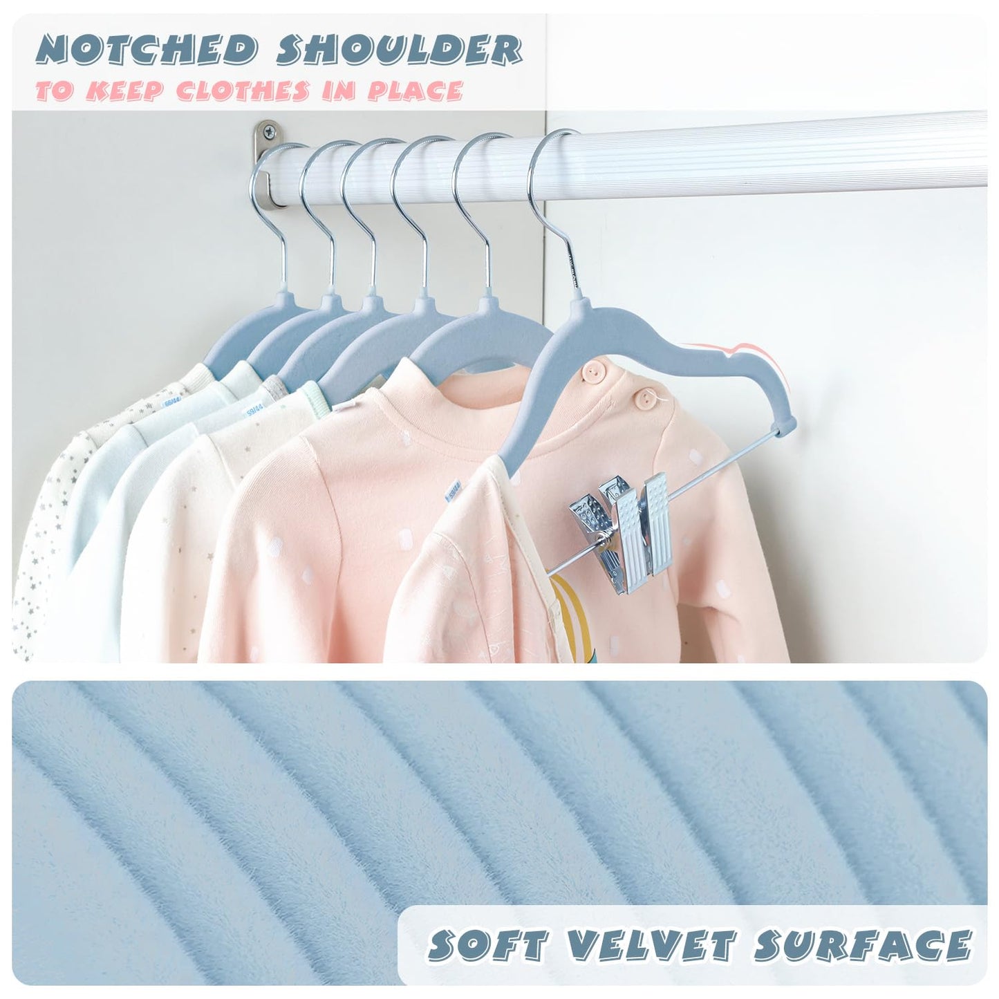 ManGotree 11.8'' Baby Velvet Hangers with Movable Clips 16 Pack Blue