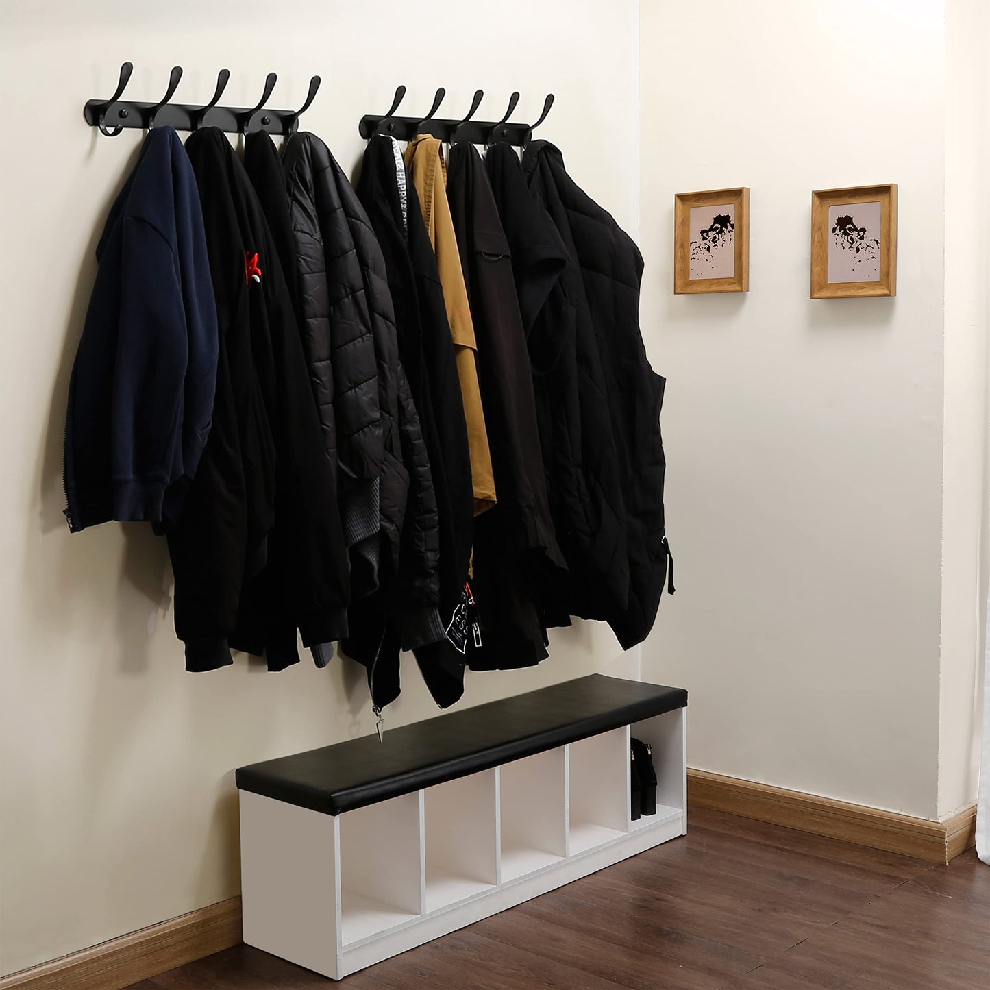 SKOLOO Modern Metal Coat Rack Wall Mount with 5 Hooks, Pack of 2, Sturdy Wall Coat Hooks for Hanging Coats, Jacket, Clothes, Hat, Matte Black