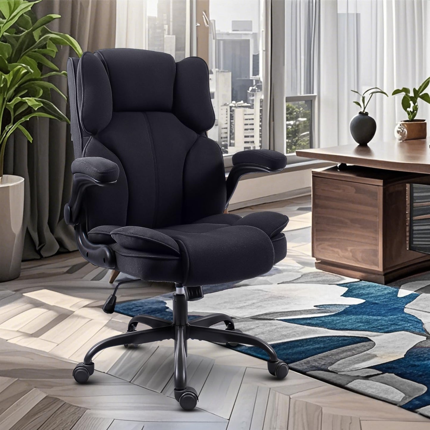 GGCIR Office Chair,Fabric Desk Chair with 90° Flip-up Armrest for Home or Office,Ergonomic Durable with Adjustable Height(Black)