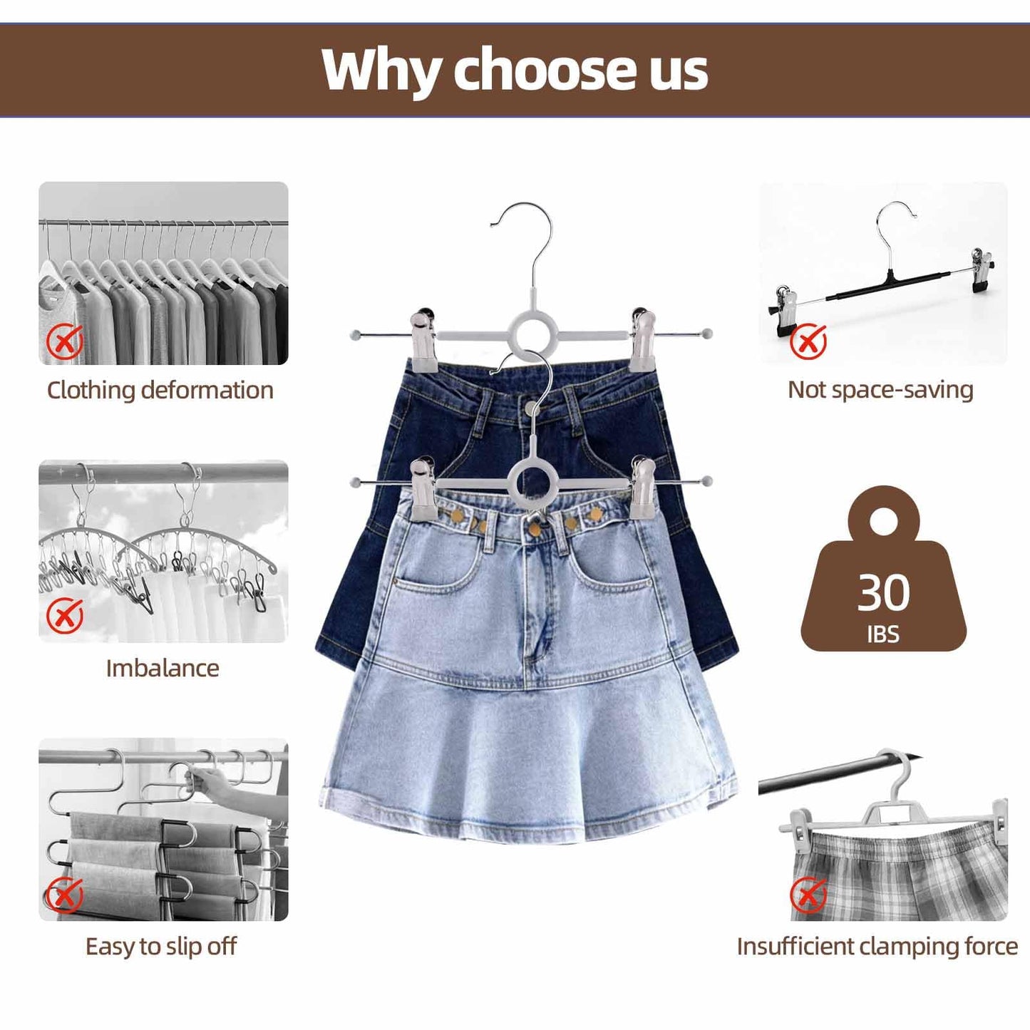 Trouser Hangers with Clips,10Pack 30cm Adjustable Heavy Duty Metal Coat Hangers,Space Saving Skirt Hangers for Women,Non-Slip Shorts Jeans Pants