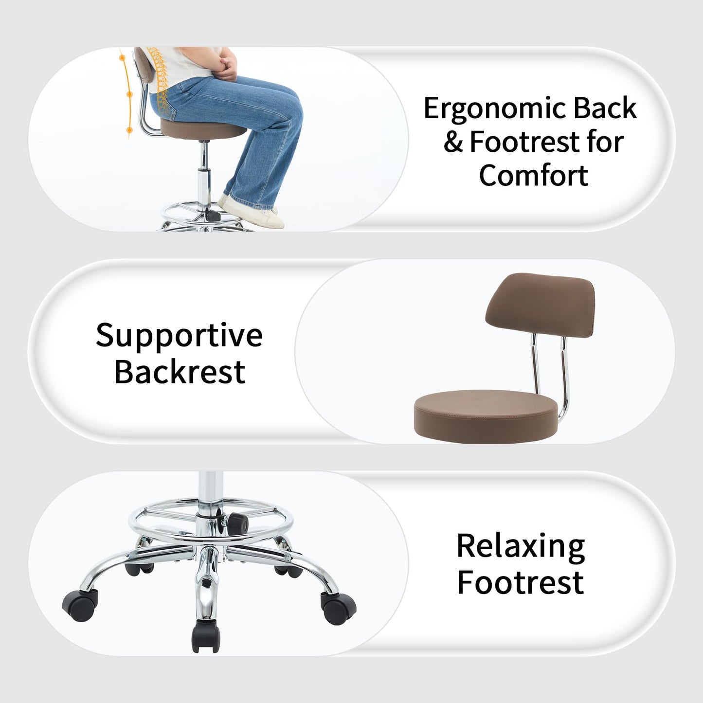 FIRAVOE Adjustable Rolling Office Stool with Backrest and Footrest, Massage Drafting Chair 49.5–67.6 cm Height