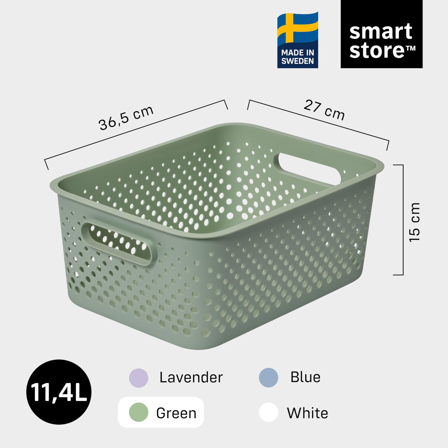 SmartStore Storage Basket with Handles in Green 11.4L (36.5x27x15cm) | Plastic Storage Bin from Recycled Plastic