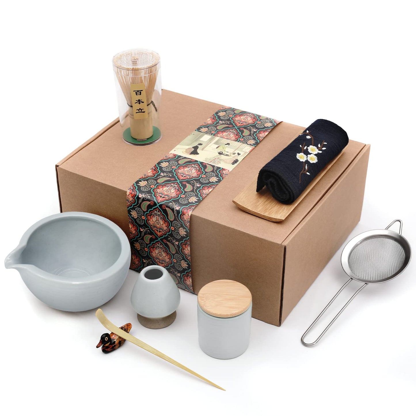 Artcome 9Pcs Japanese Matcha Tea Set, Matcha Bowl with Pouring Spout, Matcha Whisk, Ceramic Whisk Holder, Tea Scoop, Matcha Powder Caddy, Traditional