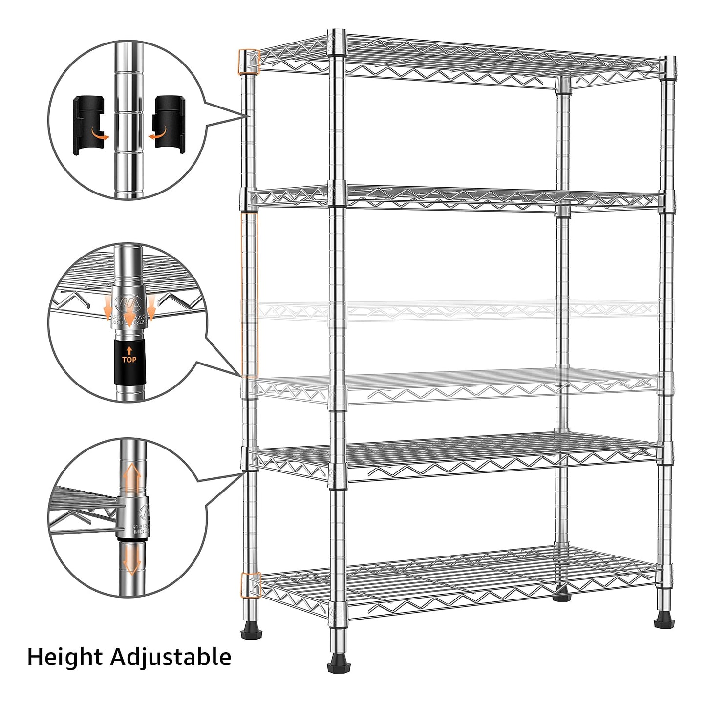 M MZG Height Adjustable Shelves,Heavy Duty Wire Pantry Shelving for Tool Sheds, Garage, and Storehouse,Metal,Chrome 4 tier,35 x 60 x 135.8 cm