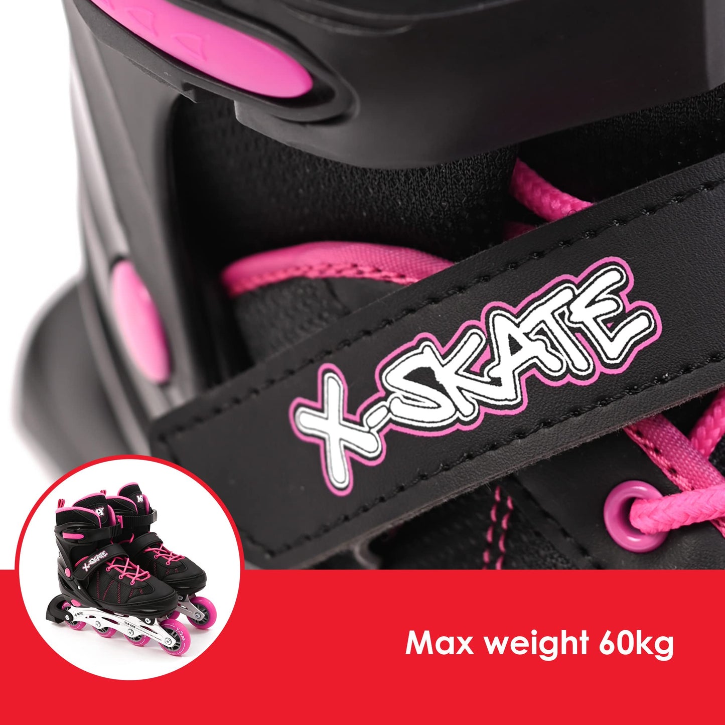 M.Y X-Skate Adjustable Pink Inline Roller Skates with Built In Adjusters Kids Roller Boots for Boys & Girls - Large