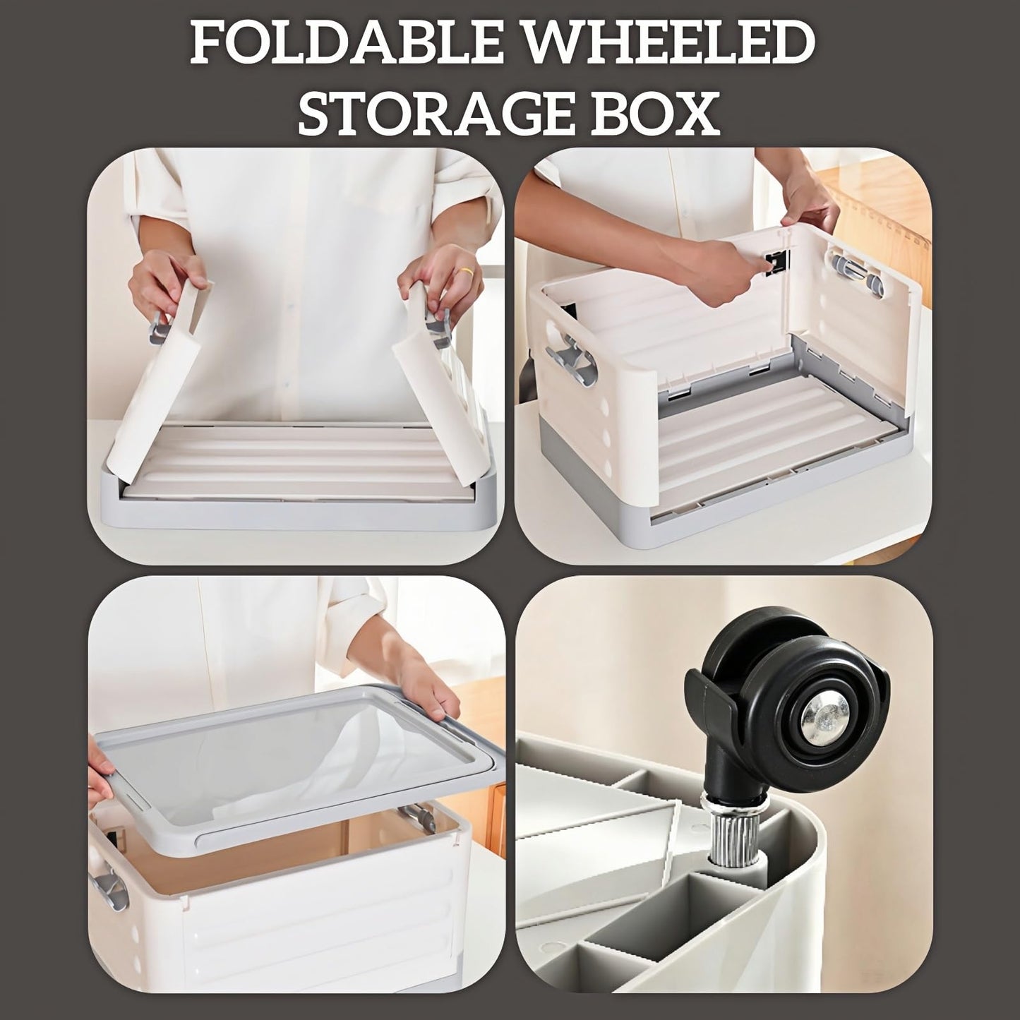 40L Foldable Storage Box with Wheels Heavy Duty Storage Trunk Organiser with Lid 360° Rotating Wheels & Fixed Handle