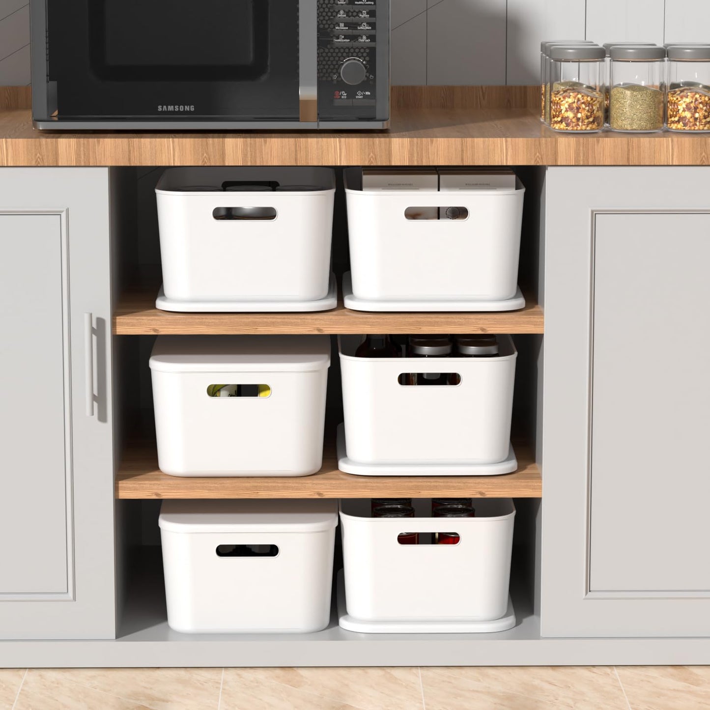 Ionoloy Kitchen Cupboard Organiser Boxes with Lids, 6 Pack Grey Plastic Storage Baskets