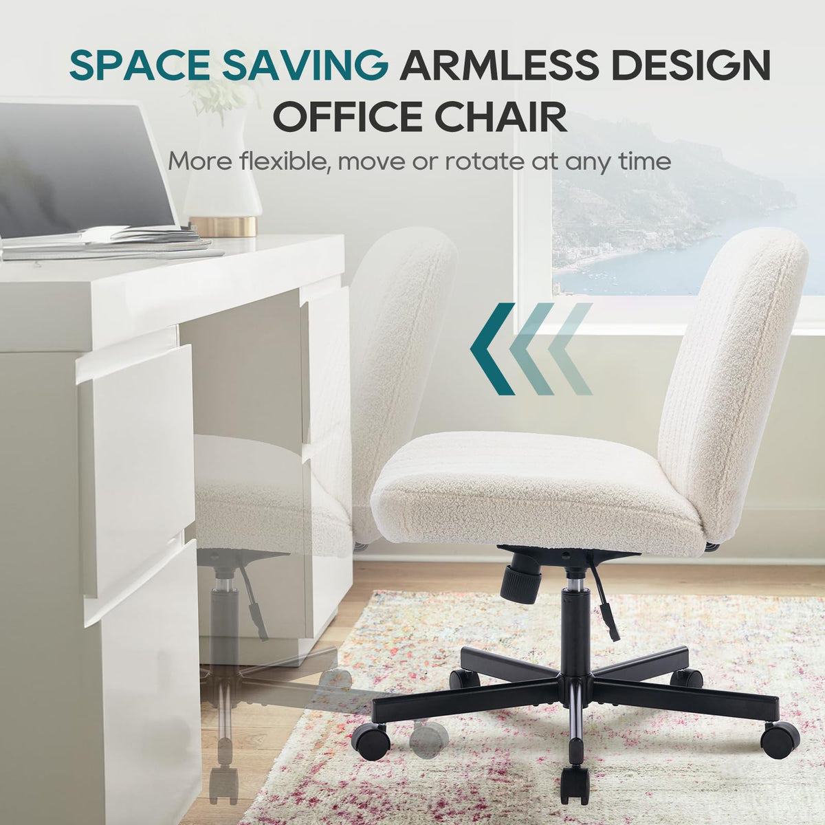 COLAMY Wide Office Chair, Padded Armless Task Vanity Chair Swivel Home Office 115°Rocking Mid Back Ergonomic Computer Chair for Home Working, Make Up