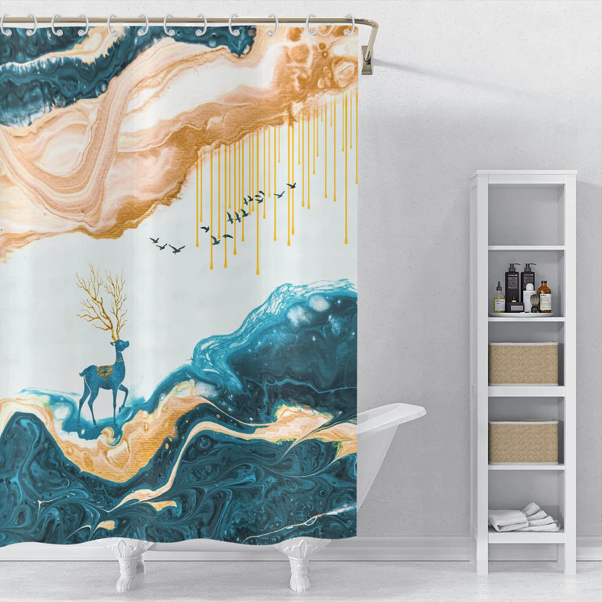 ASDCXZ Shower Curtain Marble 180x180 cm, Modern Abstract Orange Cyan Deer Marble Optic Texture Washable Fabric Shower Curtains Polyester Textile