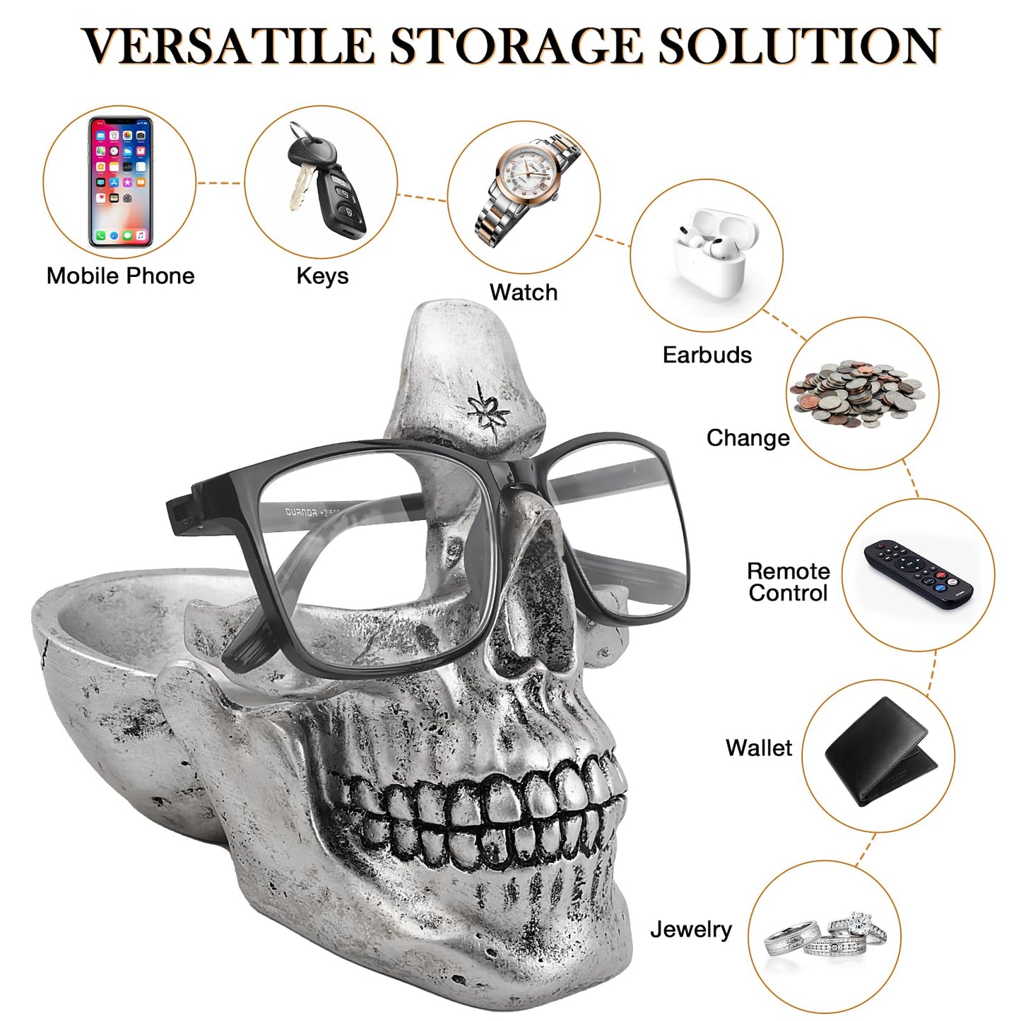 VIPbuy Skull Glasses Holder Stand, Novelty Eyeglass Holder Rack with Storage Tray for Nightstand