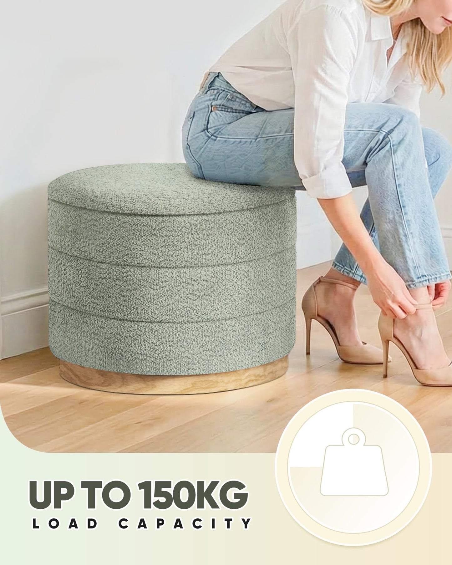 Bonlife Round Chenille Storage Ottoman, Folding Footstool with Table Top, 58x58x44cm, Load Capacity 150kg