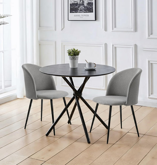 Hallowood Furniture Cullompton Small Black Dining Table and Chairs Set 4, Round Kitchen Table and Chairs Set 4 in Curved-back Light Grey Fabric