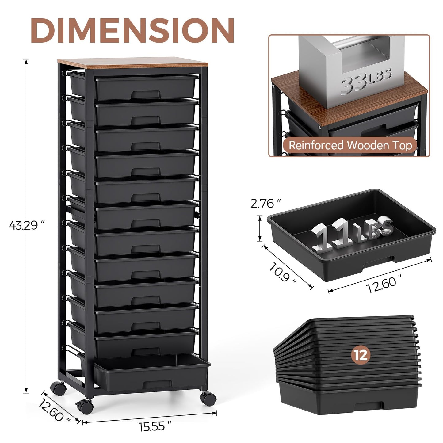 SYKIARIOL 12-Drawer Storage Trolley Rolling Cart with Wooden Top, Black