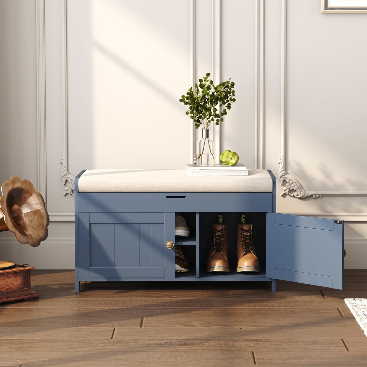 HOME BI Shoe Bench, Storage Bench with Padded Seat Cushion, Shoe Cabinet for for Entry, Bedroom, Cloakroom, Living Room and Hallway,Blue