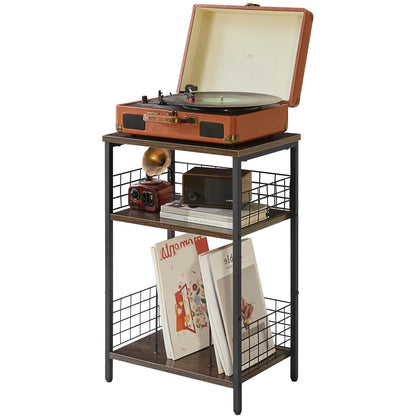 YMYNY 3 Tier End Table, Record Player Stand with Storage, Industrial Tall Side Table, Small Bookshelf, Bookcase, Display Rack, Telephone Table for