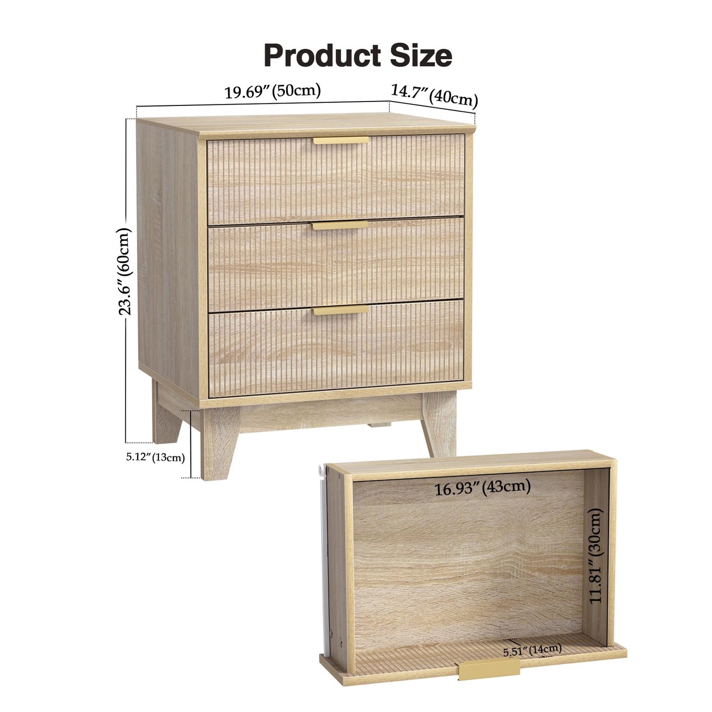 Yvsevnr Fluted Nightstand with 3 Drawers Modern Bedside Tabls with Wood Legs Farmhouse Bed Side Table for bedroom, Living Room