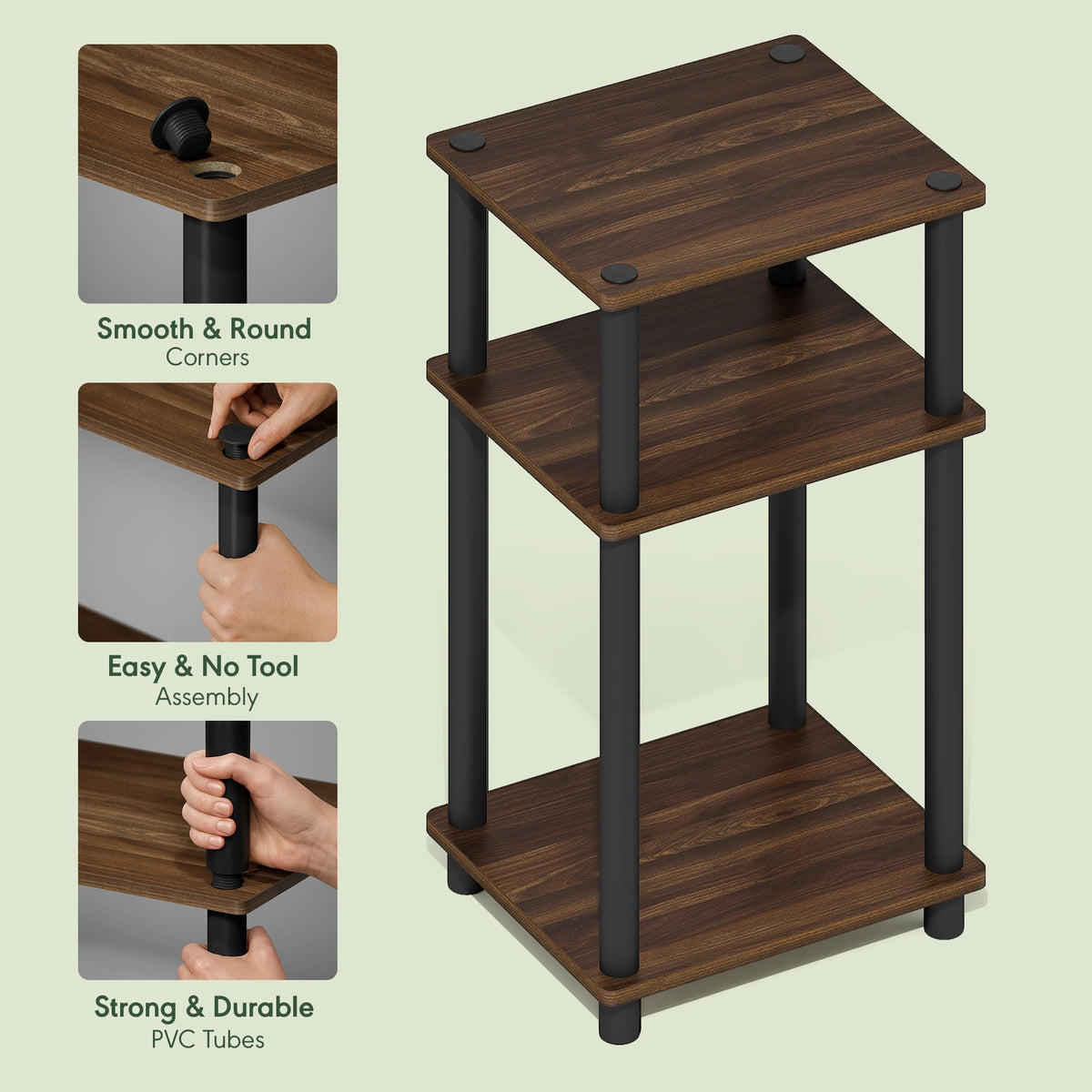 Furinno JUST Side Table Set of 2, 3-Tier End Tables, Open Shelves Night Stand, Nightstand, Toolless Assembly, for Living Room, Bedroom