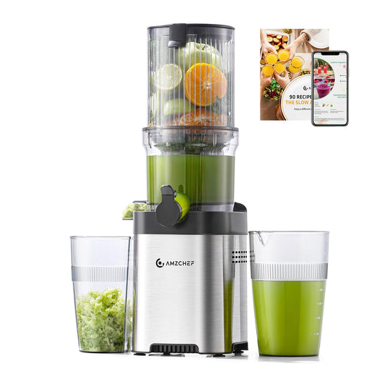 AMZCHEF Cold Press Juicer Machines, Slow Juicers with 126 MM Large Feed Chute for Whole Fruit and Vegetable, Durable Stainless Steel Juicer,