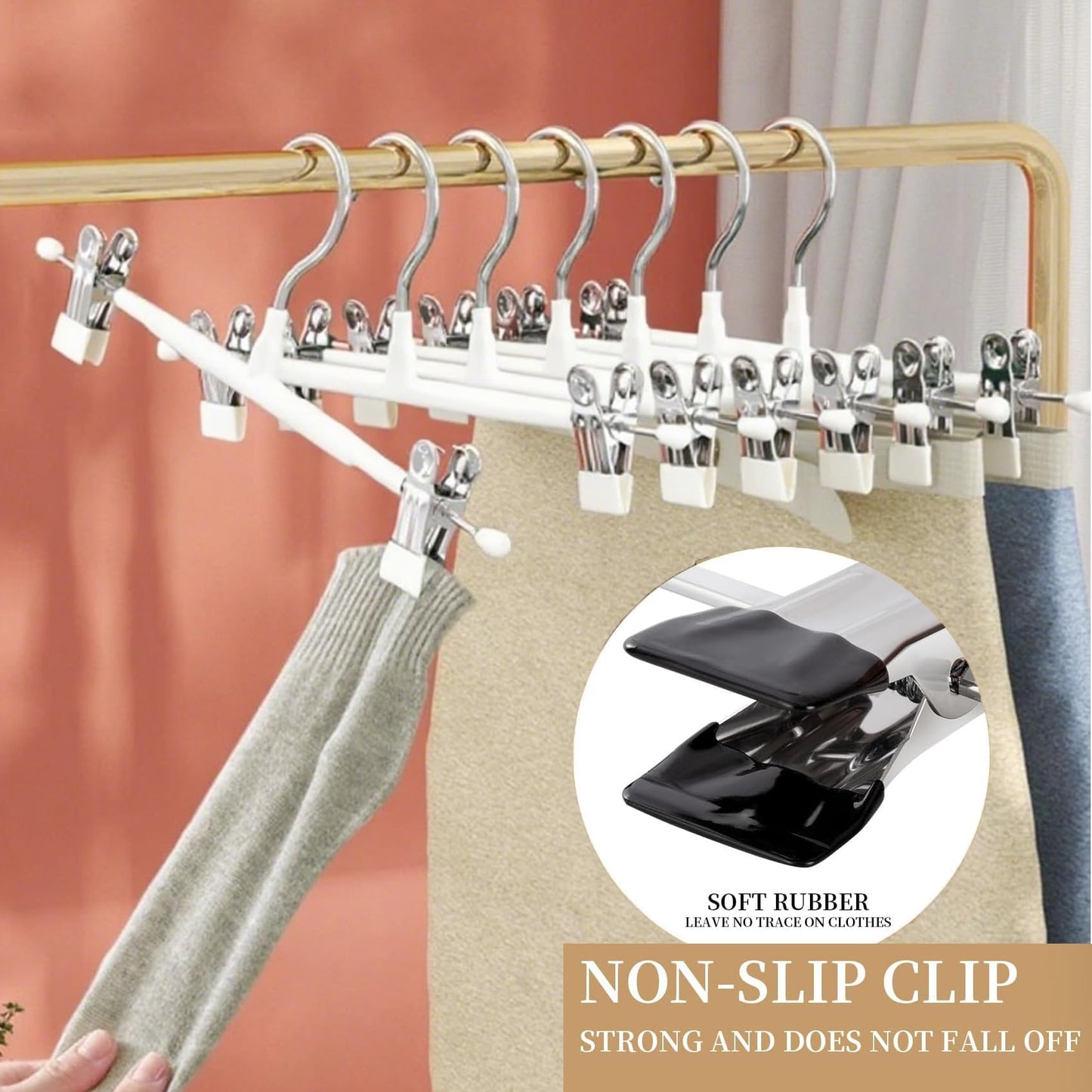 8Pack Trouser Hangers -Skirt Hangers with Adjustable Non Slip Clips Strong Chrome- Space Saving Pant Hangers,Heavy Duty Metal Hangers for Shorts