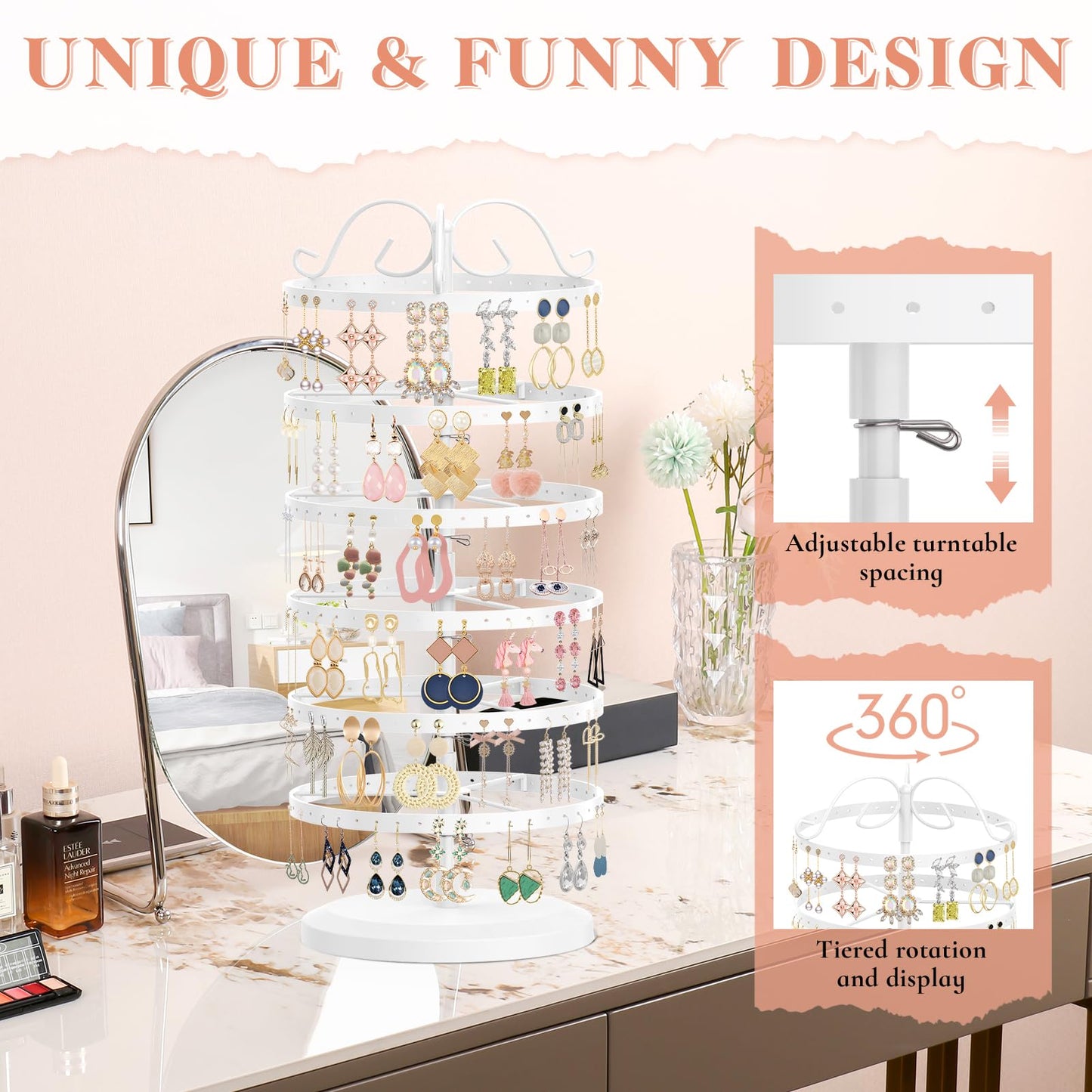iDavosic.ly 6 Tier Metal Rotating Earring Holder Organizer Stand, White