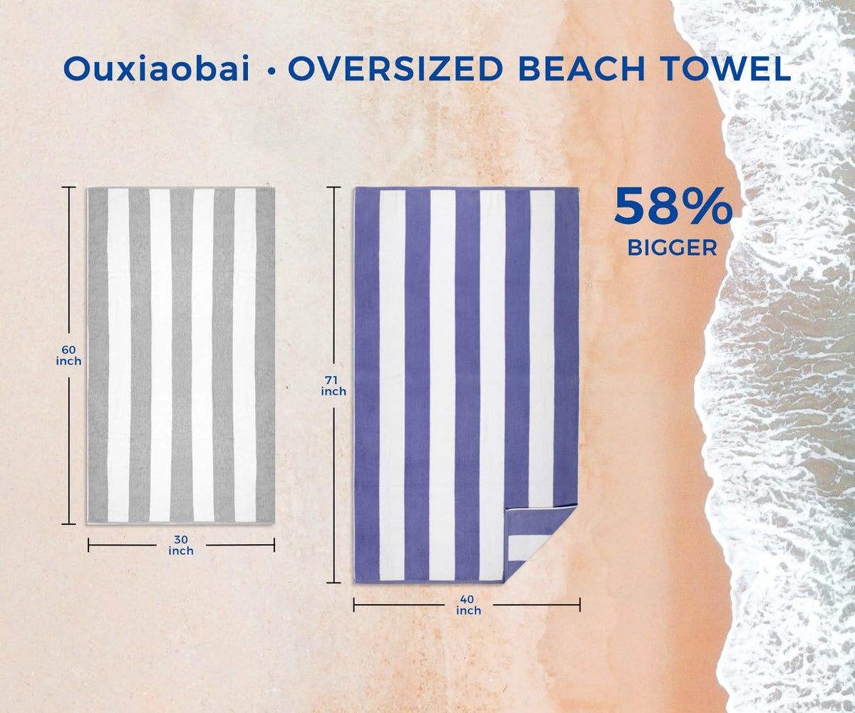 Ouxiaobai Cotton Oversized Beach Towel - Extra Large 180 x 100 CM Soft Absorbent Pool Towel for Adults, Striped Cabana Swim Towel Blue