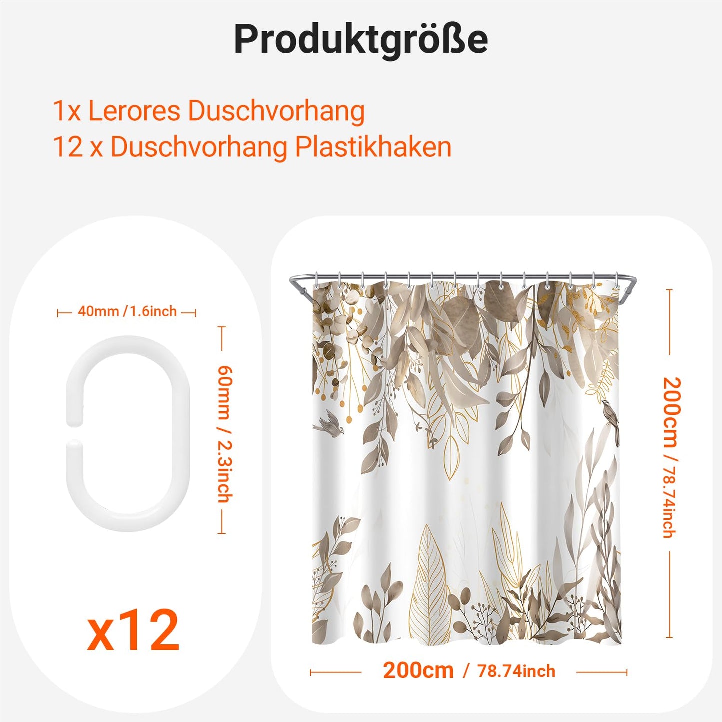 Lerores Shower Curtain, 200 x 200 cm, Grey Autumn Leaves, Weighted Hem, Anti-Mould, Water-Repellent