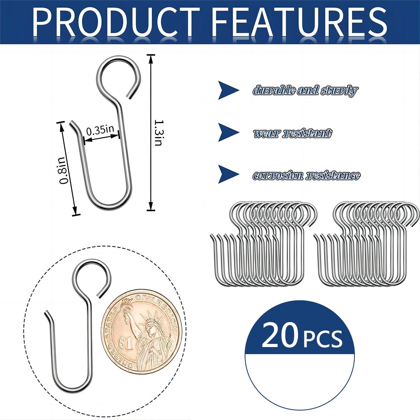 Bailinks 20pcs Curtain Hooks, 1.3 inches Long Stainless Steel Shower and Bathroom Hooks for Window and Door
