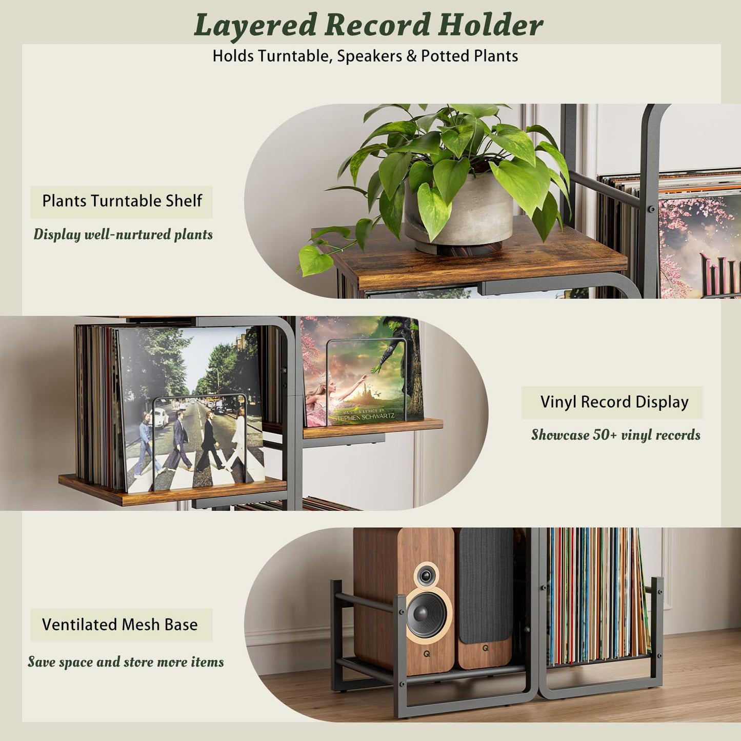 Bikoney Planter Record Player Stand with LP Vinyl Display Shelf