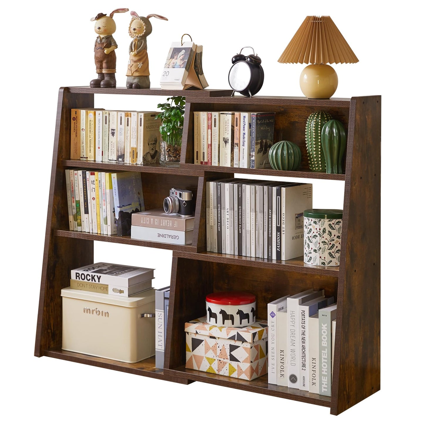 Aibiju Wooden Expandable Bookcase, 3-Tier Ladder Open Storage Bookshelf with 6 Compartments, Freestanding Storage Shelf for Living Room, Home Office