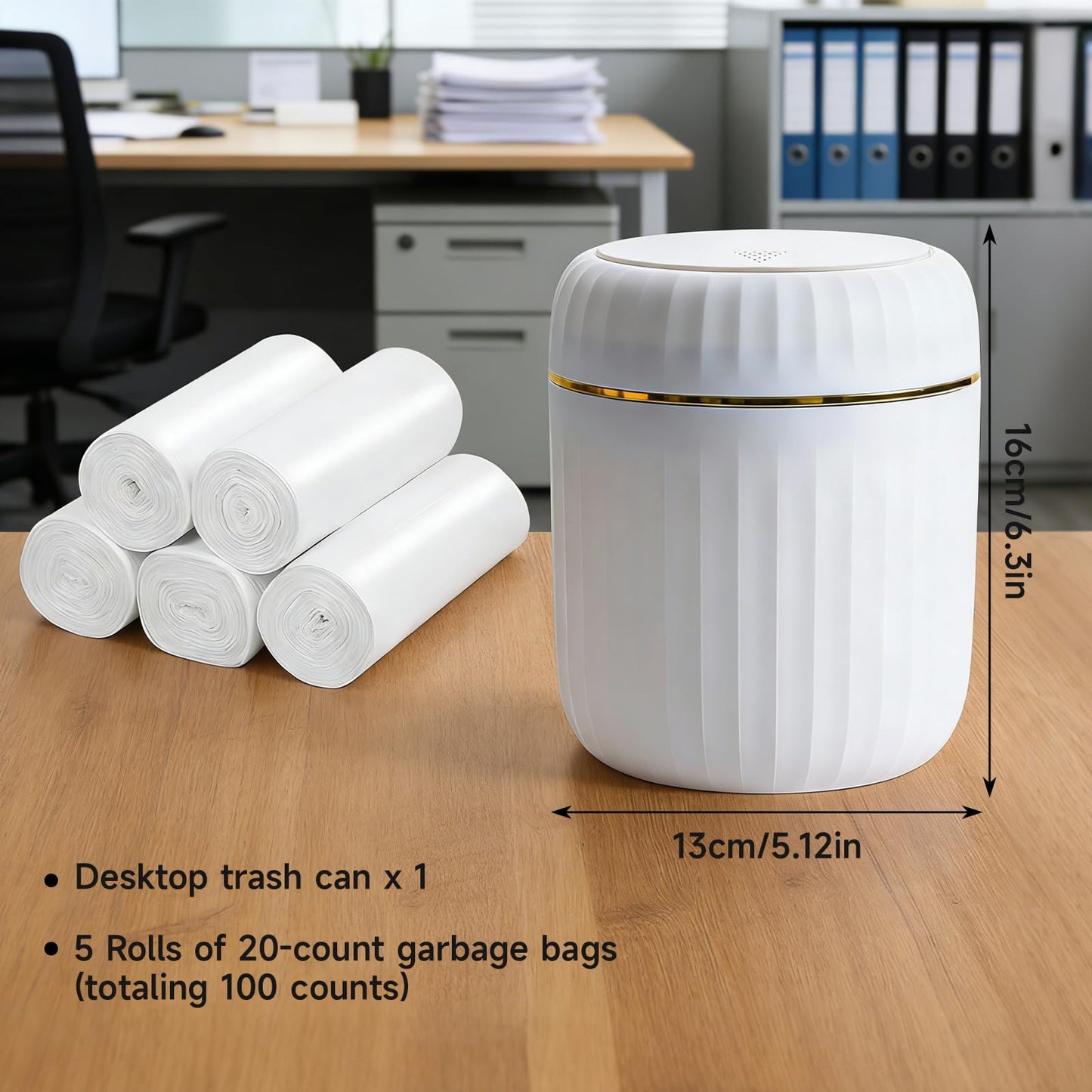 Mini Desk Bin with Press-Top Lid - Small Trash Can for Home Office Car Bathroom Living Room, White, 100 Garbage Bags Included