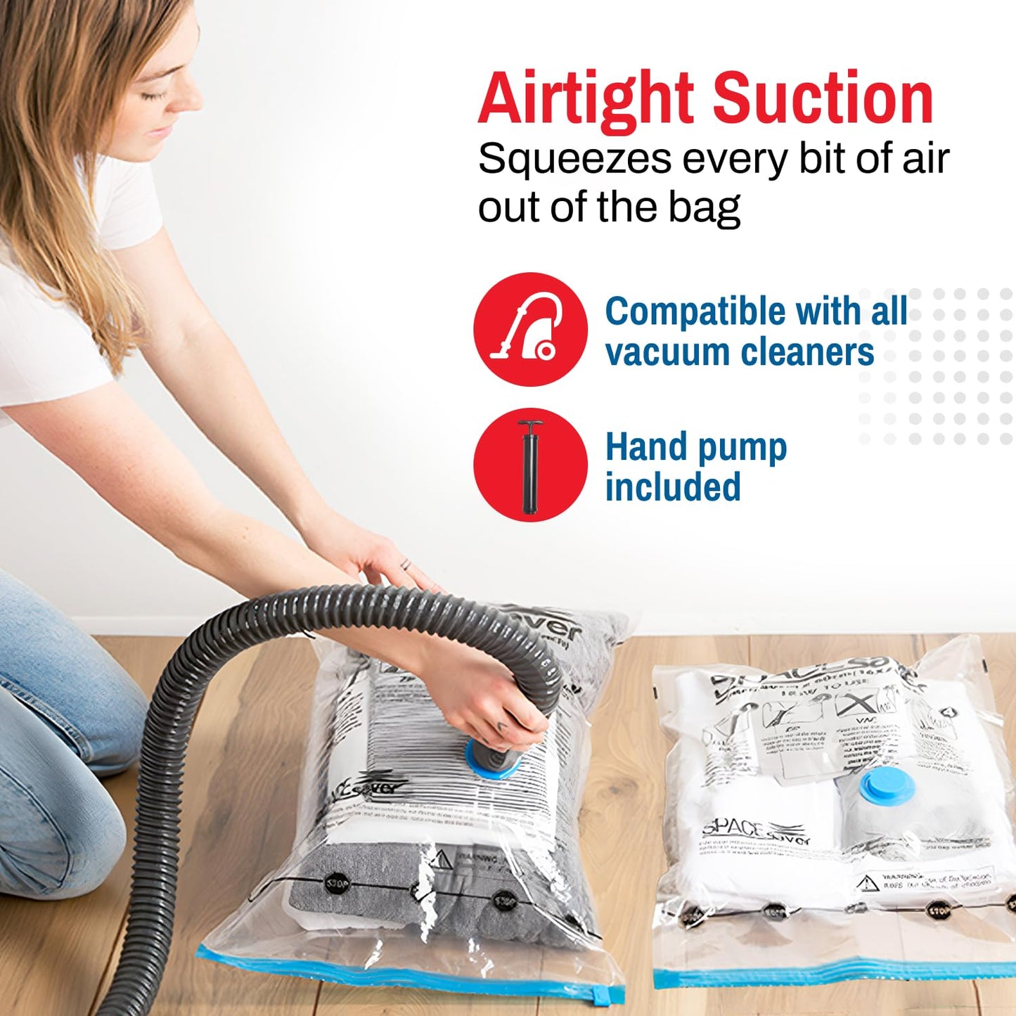 SpaceSaver Vacuum Storage Bags - Large 10-Pack Clothes Storage Bag Set with Pump - Reusable Vacuum Sealer Bag for Comforters, Bedding, Clothing