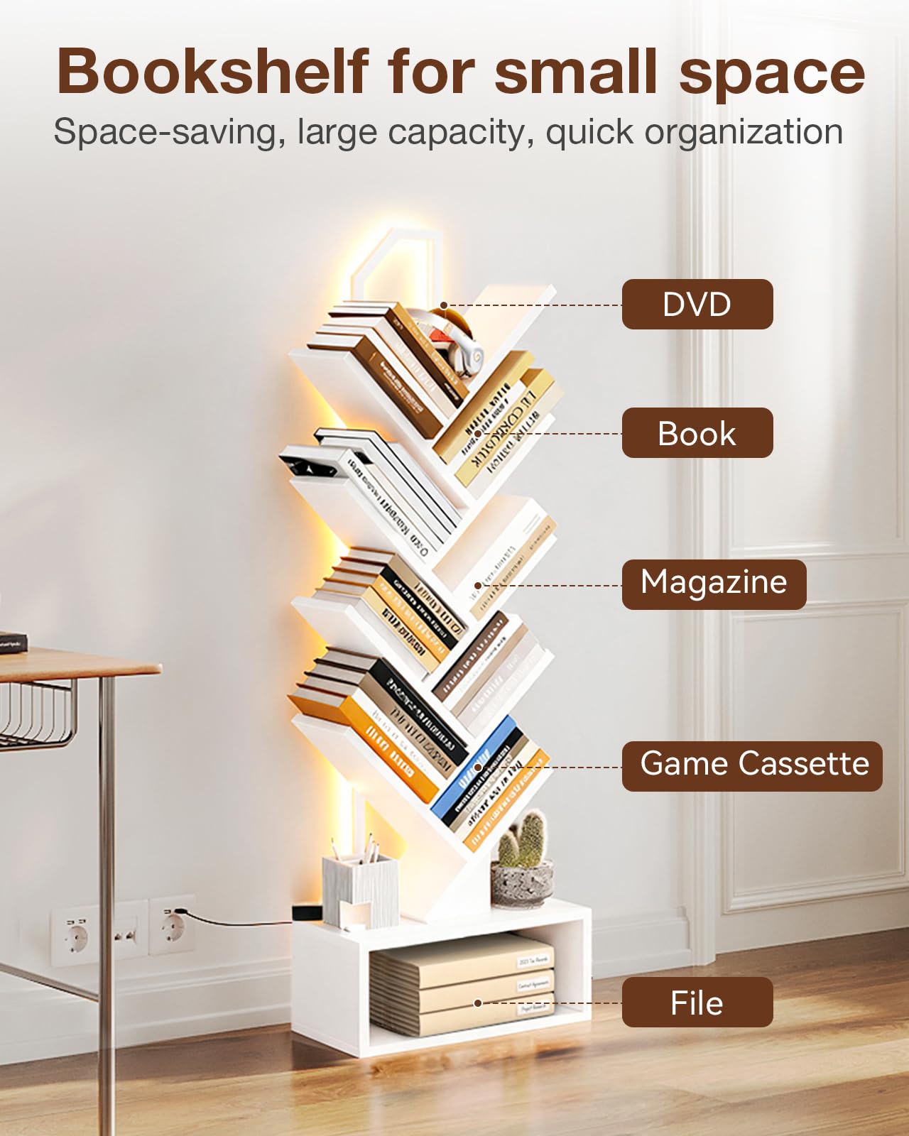 Coleshome 8-Tier LED Tree Bookcase, Wooden Bookshelf, 114.5cm, White