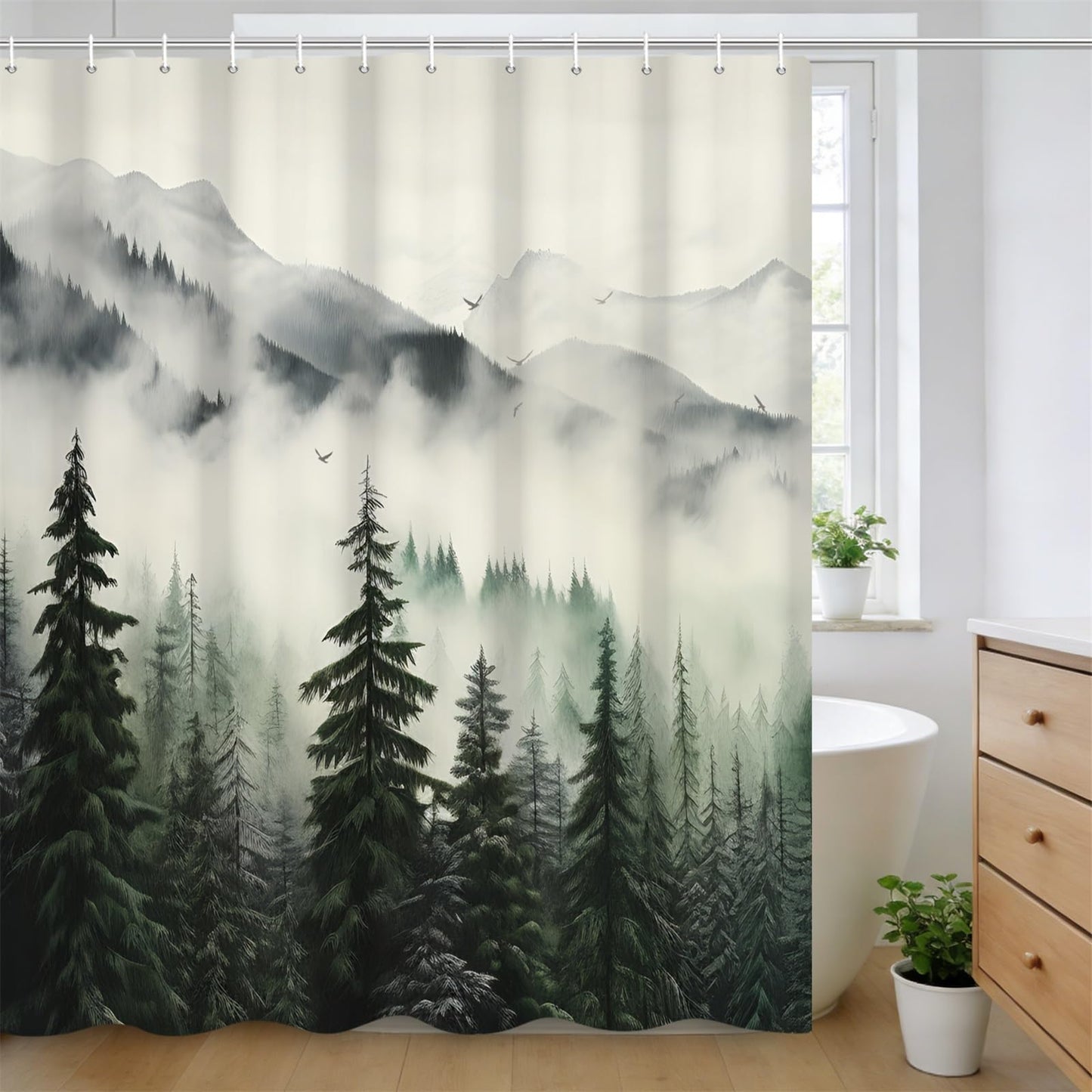 Kzzfqxb 90x183cm Foggy Shower Curtains with Hooks, White Mist Mountains Pine Trees Forest Woodland Landscape Scenery Occluded Waterproof for Bath