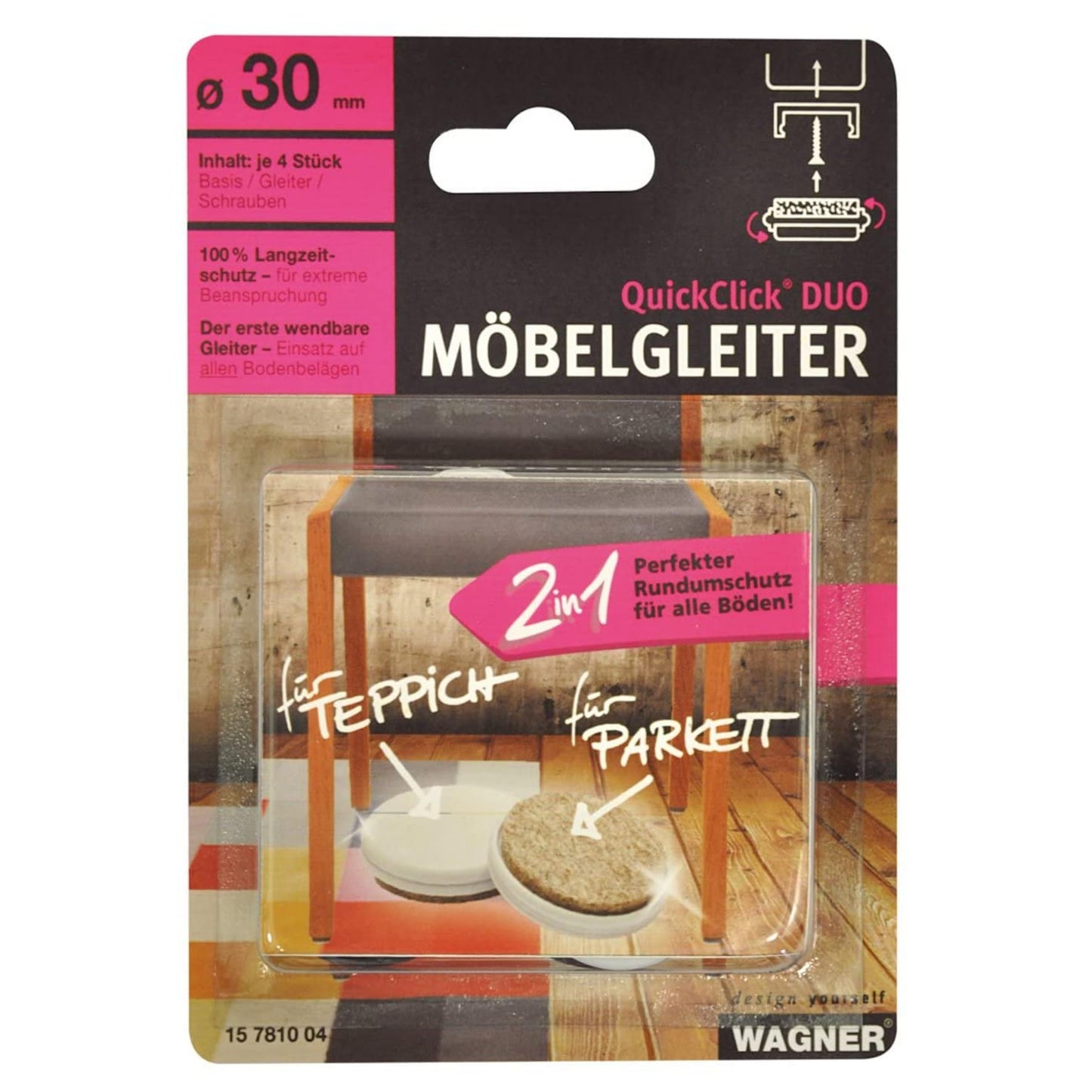 WAGNER QuickClick® Furniture glider set - DUO - reversible wool felt + plastic I 4x base + 4x reversible and replaceable insert - ULTRASOFT + HYPER