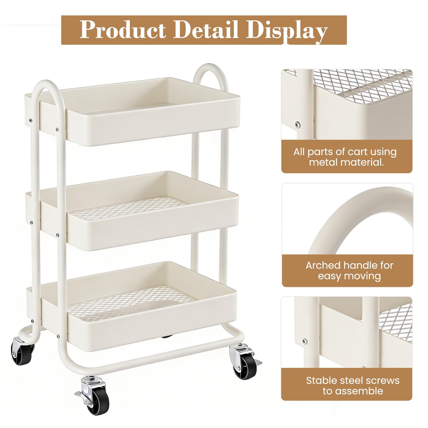 Mordchil EU 3 Tier Metal Utility Cart with Lockable Wheels for Storage, Rolling Utility Trolley Storage Cart for Home & Office, Cream