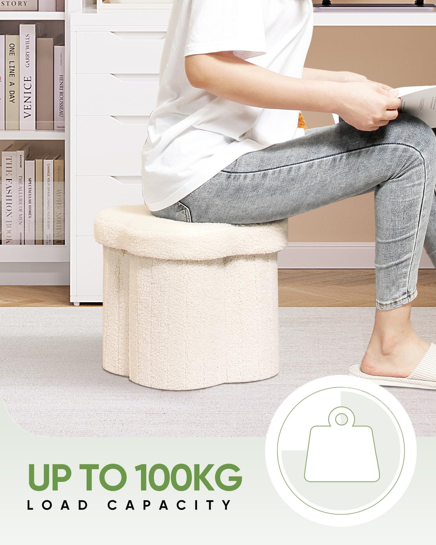 Bonlife Storage Ottoman,Toy Chest Flowers Ottomans with Storage Foot Stool Footrest for Bedroom, Boucle Ottoman Seat for Living Room,Cream 32x32x32cm