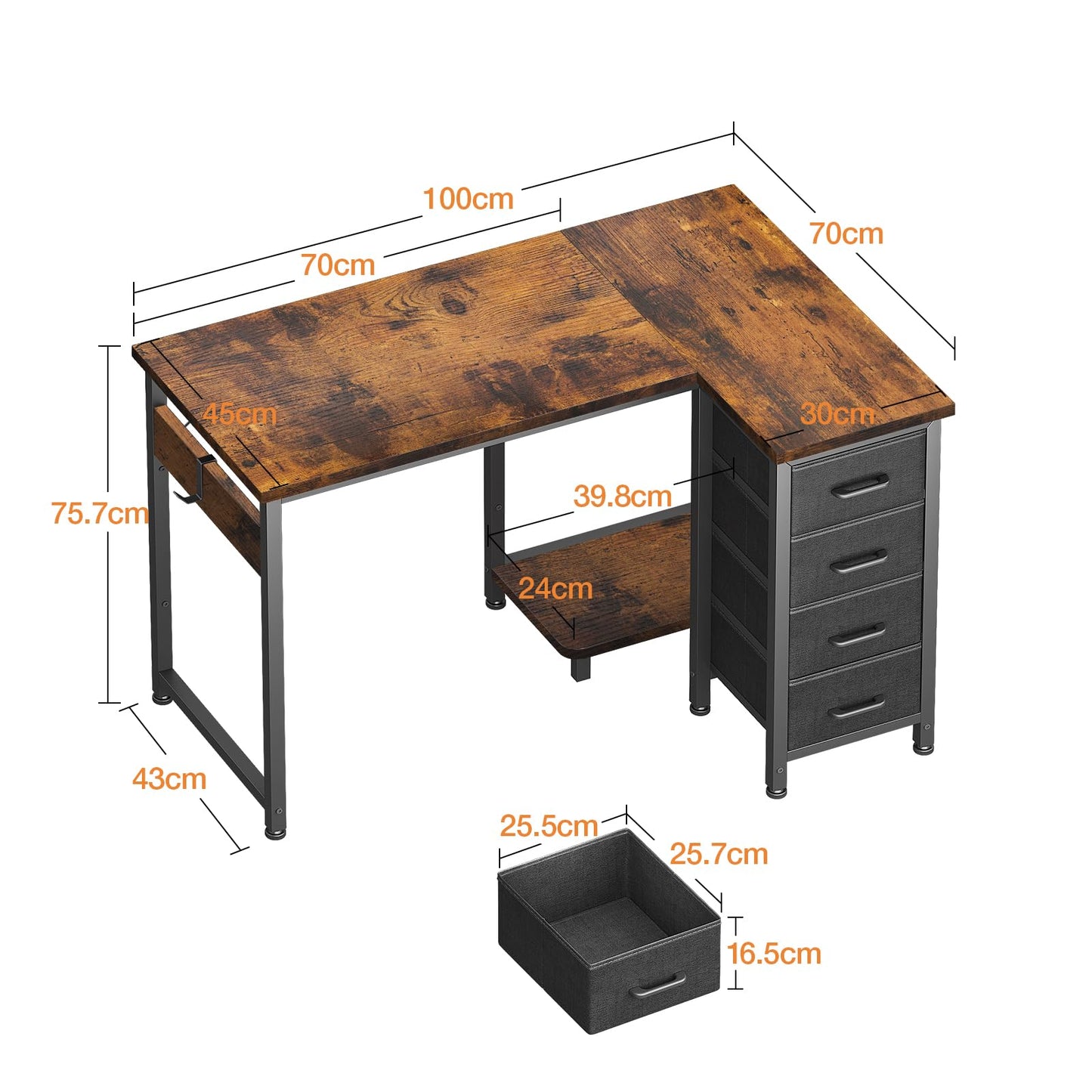 Coleshome Small Corner Desk with Drawers for Home Office, 100x70 cm, Brown