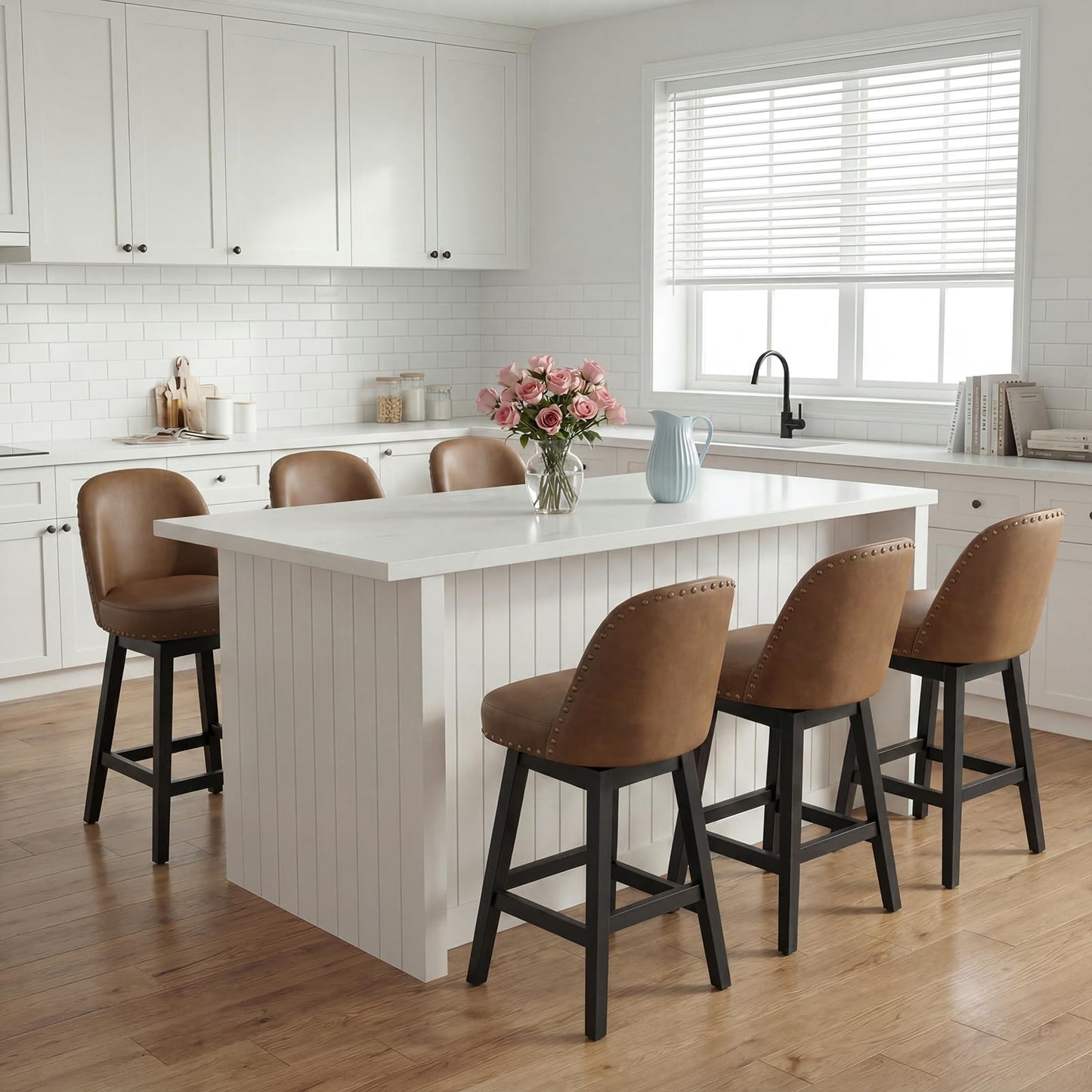 Bar Stools Set of 6, 360° Swivel Counter Stools with Upholstered Seat, Wooden Frame & Nailhead Trim