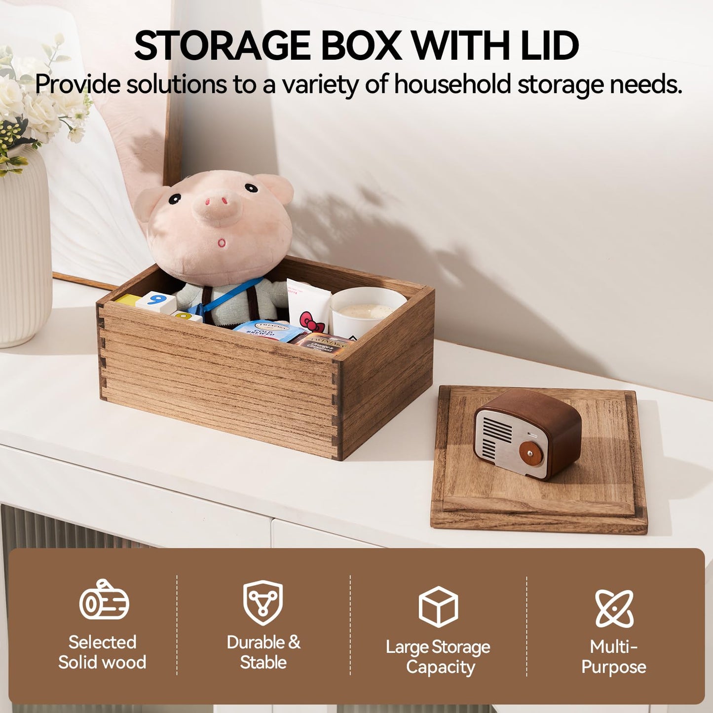 KIRIGEN Wooden Storage Box with Lid, Keepsake Organiser, Brown