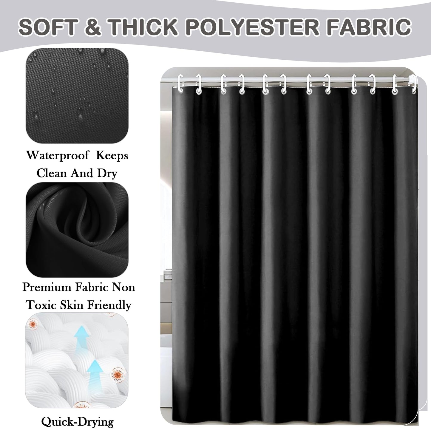 AmzDaKai Shower Curtain PEVA, Waterproof Anti-Mould Bath Curtain with Weight Tape & 12 Hooks, 180x180 cm (71x71 Inch) for Bathroom (Black)