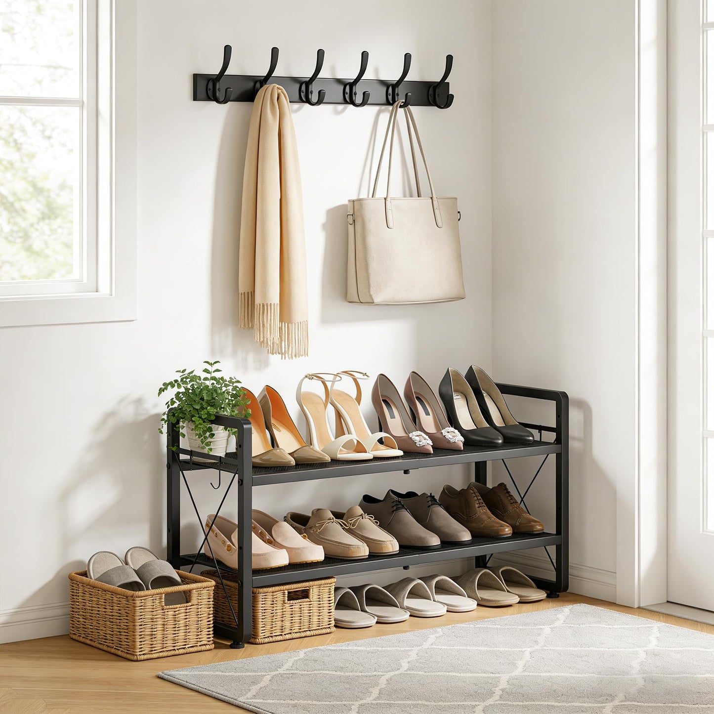 ELYKEN Expandable Shoe Rack 2 Tier, Stackable and Adjustable Height Black